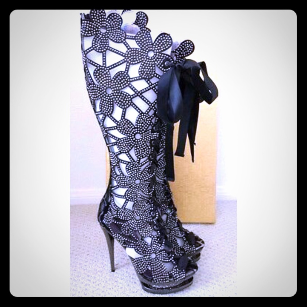 Lady Couture Lace up floral rhinestone boots